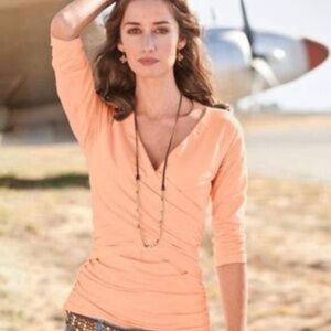 Sundance Vanessa Faux Wrap Ruched Peach Knit Top, medium